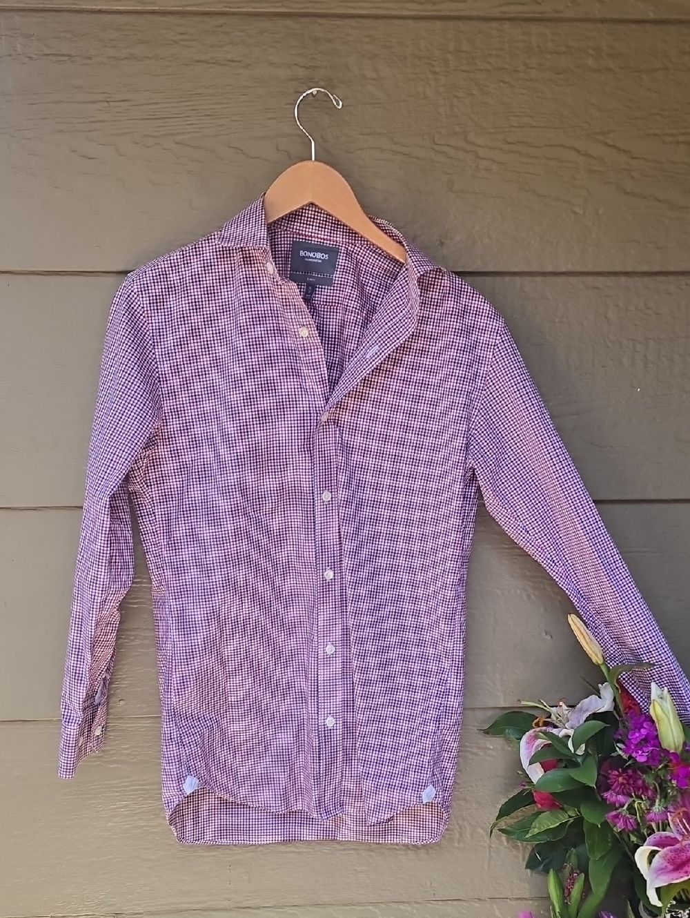 Bonobos Slim Fit Long Sleeve Dress Shirt Red White Blue Plaid 15/33 Slim Fit